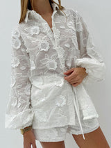 Embroidered Sheer White Shirt & Shorts Set