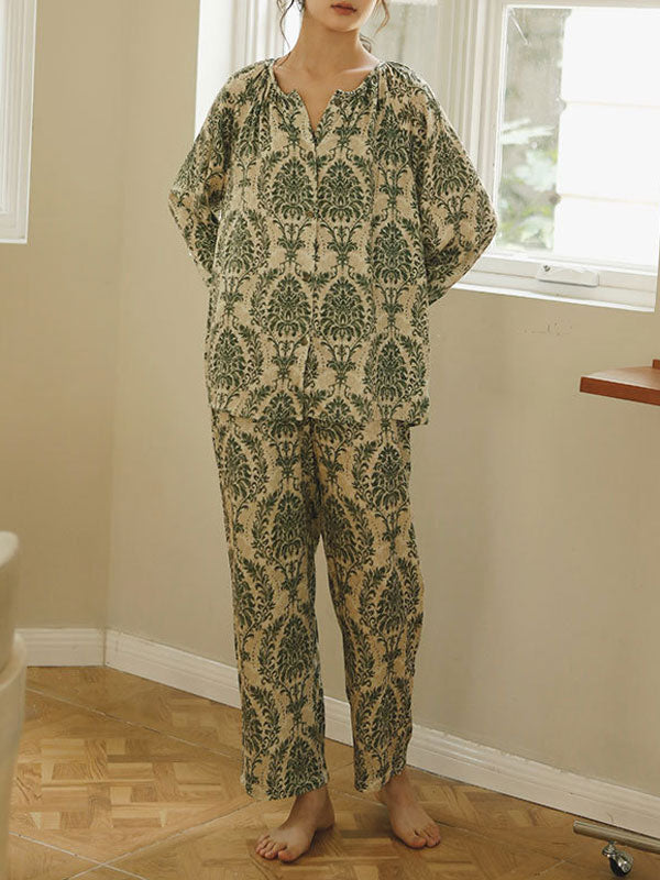 Plant Print Cotton V Neck Pajama Set