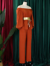 2Pcs Pleated Boat Neck Top & Loose Long Pants