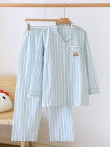 Cotton Stripe Cartoon Print Long Sleeve Pajama Set