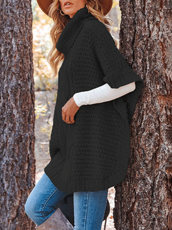 Turtleneck Cable Knit Shawl Sweater