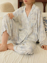 Blue Floral Print Long Sleeved Pajamas