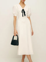 French Puff Sleeve Midi White Dress