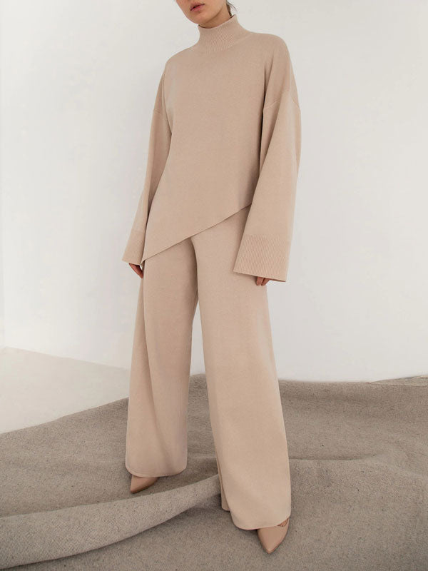 Asymmetrical Hem Turtleneck Knit Loungewear Set