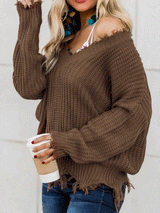 Off Shoulder Long Sleeve Fringe Distressed Sweater