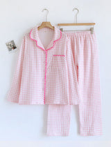 Cotton Shell Embroidery Trim Plaid Pajama Set