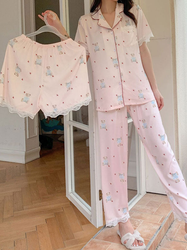 Short Sleeve Lace Trim Bear Printed Pajamas