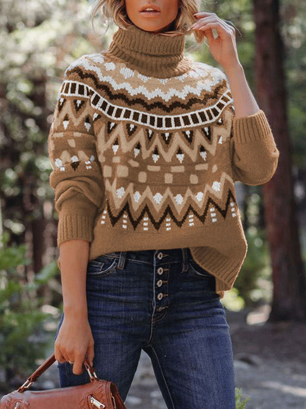 Turtleneck Color Block Knitted Pullover Sweater