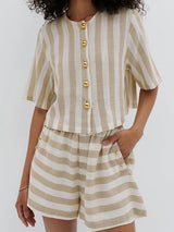 Striped Button Down Top and Shorts Set
