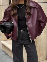 Wine Red Zipper Faux Leather Jacket