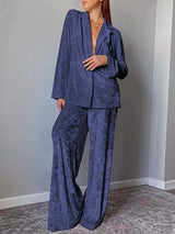 Solid Color Velvet Jacket & Wide Leg Pant Set