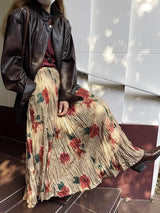 Vintage Rose Print Pleated Midi Long Skirt