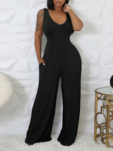 Solid Color Ribbed Knit Vest Jumpsuit Set