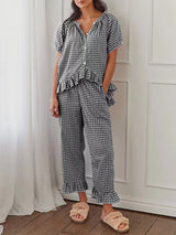 Short Sleeve Plaid Two Piece Set