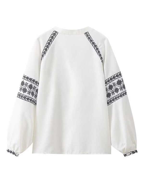 Embroidery Long Sleeve White Shirt