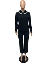 Pearl Decor Lapel Top & Long Pant Set