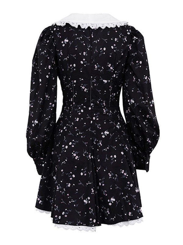 Peter Pan Collar Printed Black Mini Dress