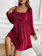 Square Neck Lantern Sleeve Back Tie Mini Dress