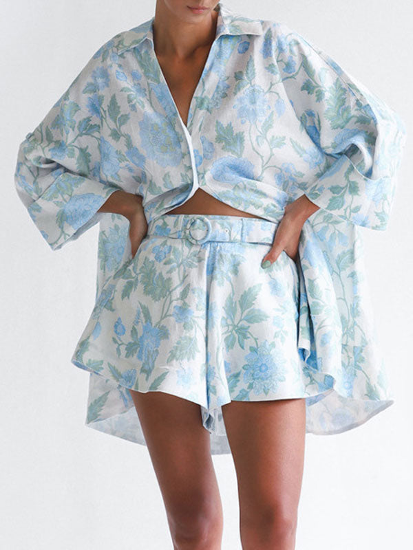 Loose Blue Floral Print Shorts Set