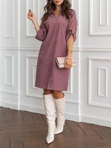 Corduroy Lapel Collar Button Midi Dress