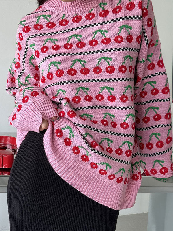 Round Neck Cherry Print Sweater