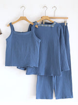 Embroidered Solid Three-Piece Pajama Set