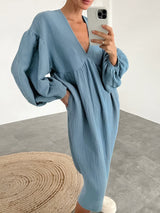 V Neck Pleated Lantern Sleeve Nightdress