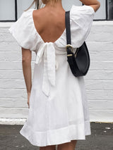 Cotton White V-Neck Puff Sleeve Mini Dress