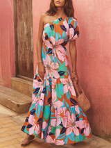 One Shoulder Floral Print Maxi Dress