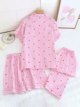 Small Heart Print Three Pieces Cotton Pajama Set