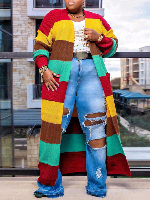 Plus Size Knit Ribbed Patchwork Cardigan