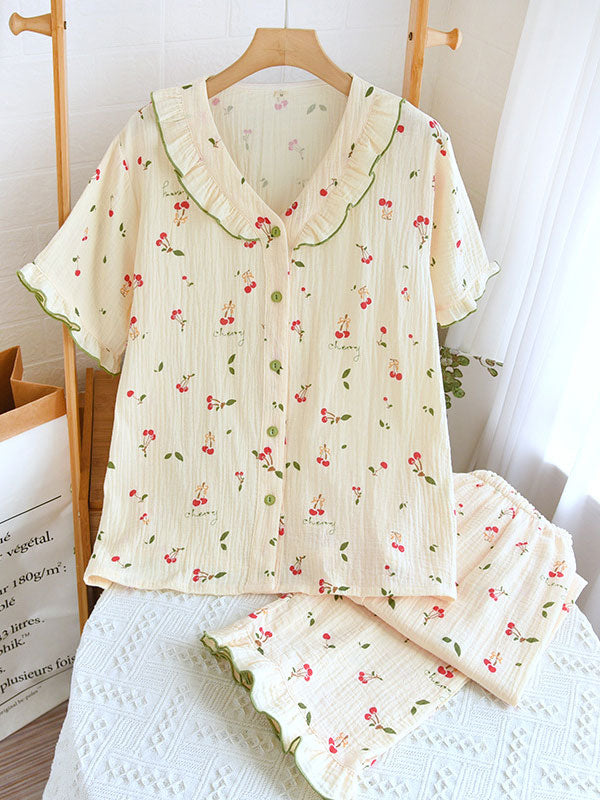 Cherry Print Color Block Cotton Cotton Pajamas