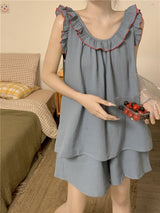 Ruffle Trim Cotton Pajama Set
