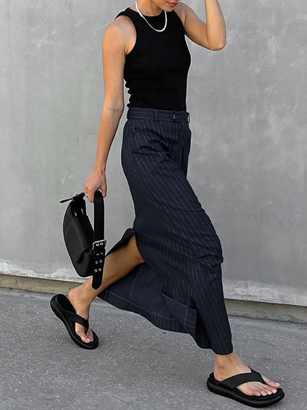 Stripe Split High Waist Maxi Skirt