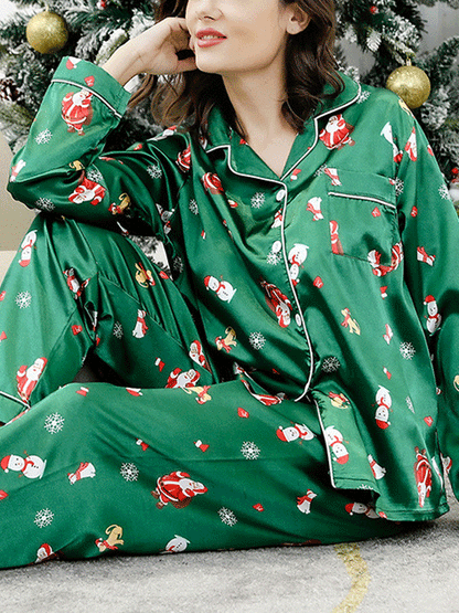 Satin Christmas Catoon Pattern Pajama Set