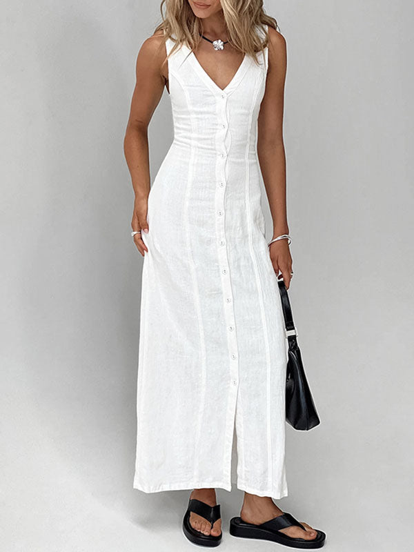 Solid Color Button Down White Midi Dress