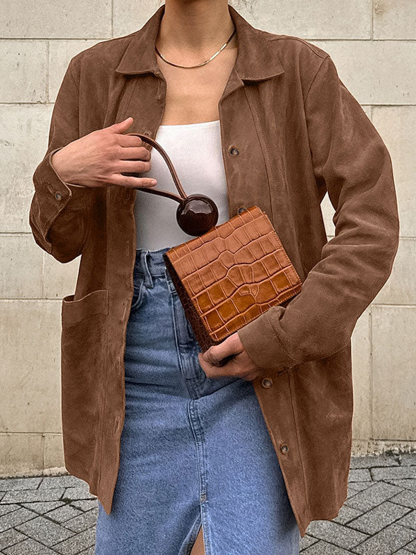 Vintage Solid Color Pockets Brown Jacket