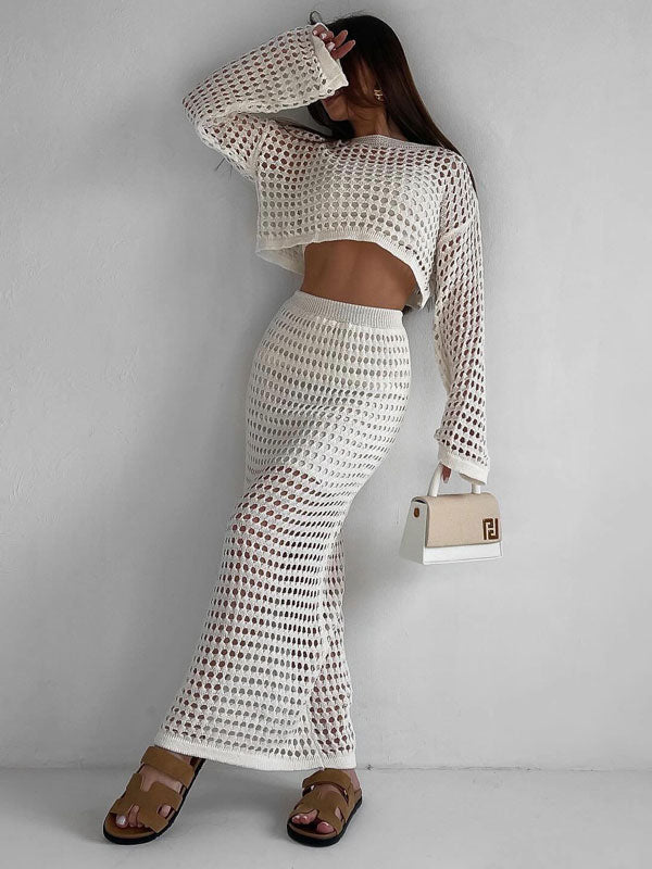 Hollow Out Long Sleeve Skirt Set