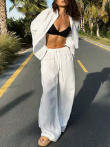 Long Sleeve Cotton White Shirt Two Piece Set