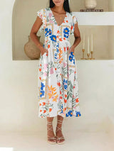 Floral Printed V Neck Cute Maxi Dress