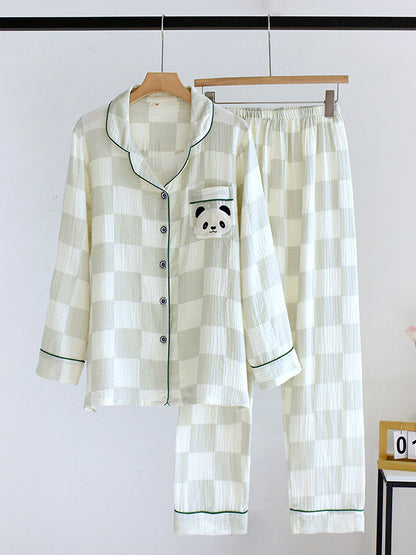 Embroidered Panda Plaid Cotton Pajama Set