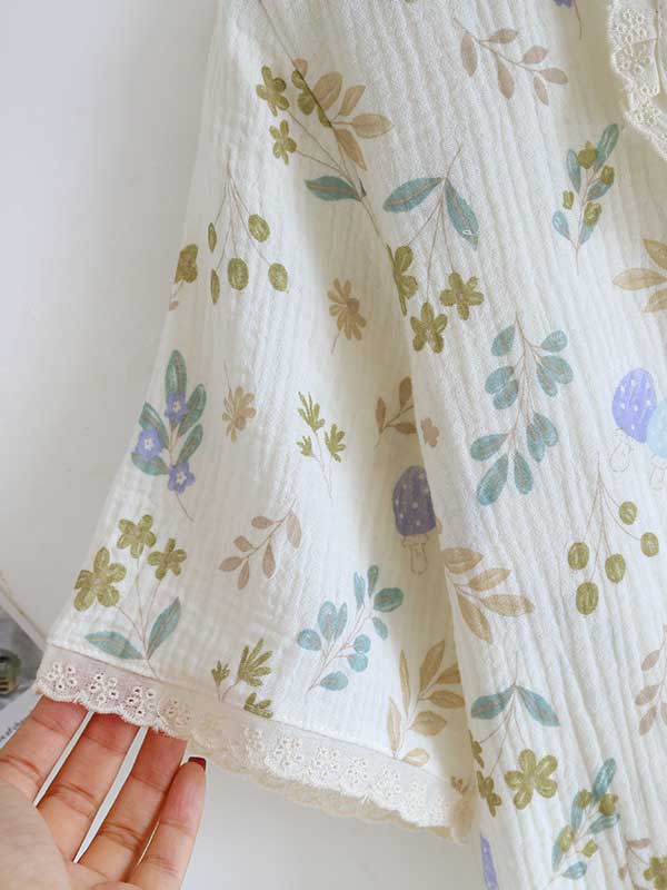 Lace Trim Floral Print Cotton Pajama Set