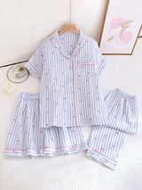 Small Heart Print Three Pieces Cotton Pajama Set