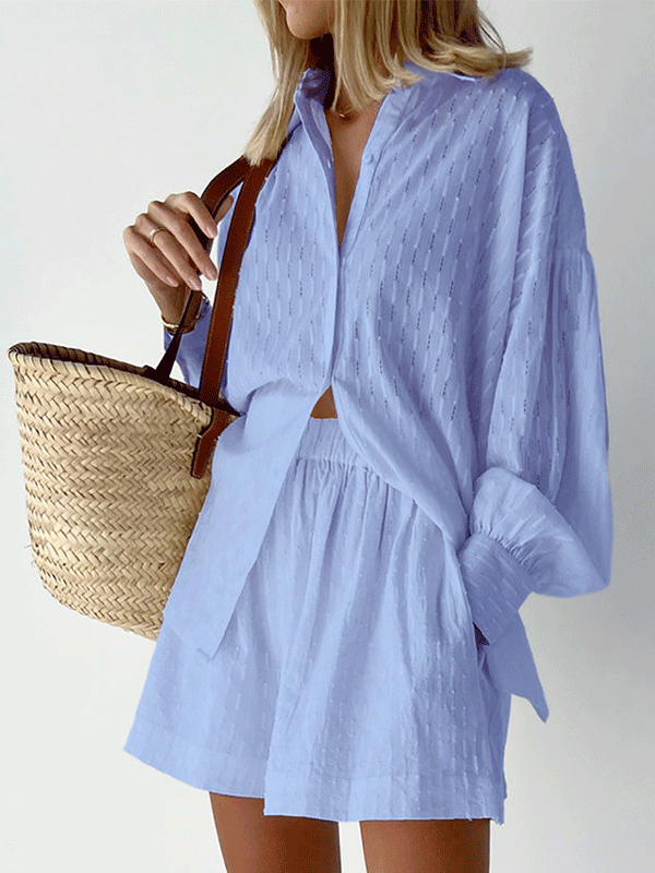 Puff Sleeve Solid Button Front Shirt & Shorts