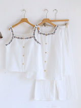 Embroidered Solid Three-Piece Pajama Set