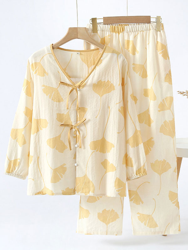 Cotton Long Sleeve Maple Leaf Print Pajamas