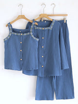 Embroidered Solid Three-Piece Pajama Set