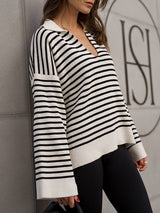 Lapel Striped Loose Pullover Knit Sweater