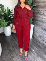 Solid Color Lapel Tie Up Long Sleeve Jumpsuits