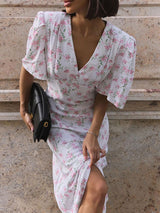 Short Sleeve V Neck Floral Midi Dress